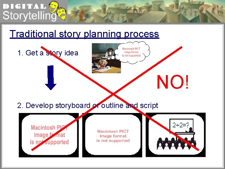 Digital Storytelling Traditional story planning process 1. Get a story idea NO! 2. Develop