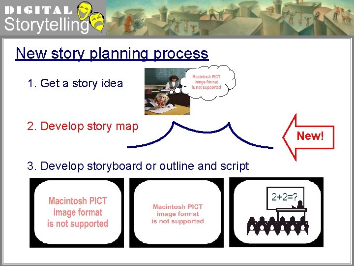 Digital Storytelling New story planning process 1. Get a story idea 2. Develop story