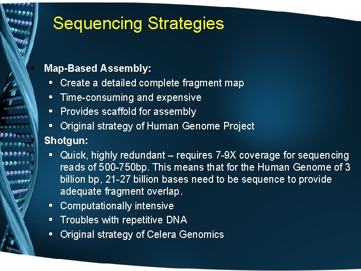 Sequencing Strategies • Map-Based Assembly: • Create a detailed complete fragment map • Time-consuming
