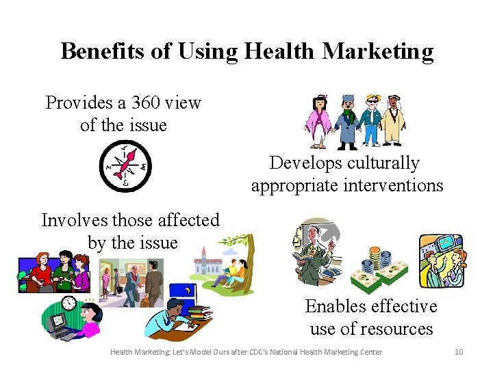 Benefits of Using Health Marketing Provides a 360 view of the issue Develops culturally