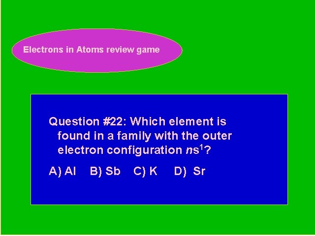 Electrons in Atoms review game Periodic Trends Review Game Question #22: Which element is