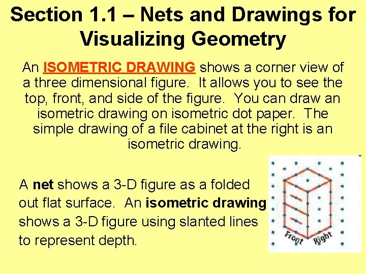 Section 1. 1 – Nets and Drawings for Visualizing Geometry An ISOMETRIC DRAWING shows