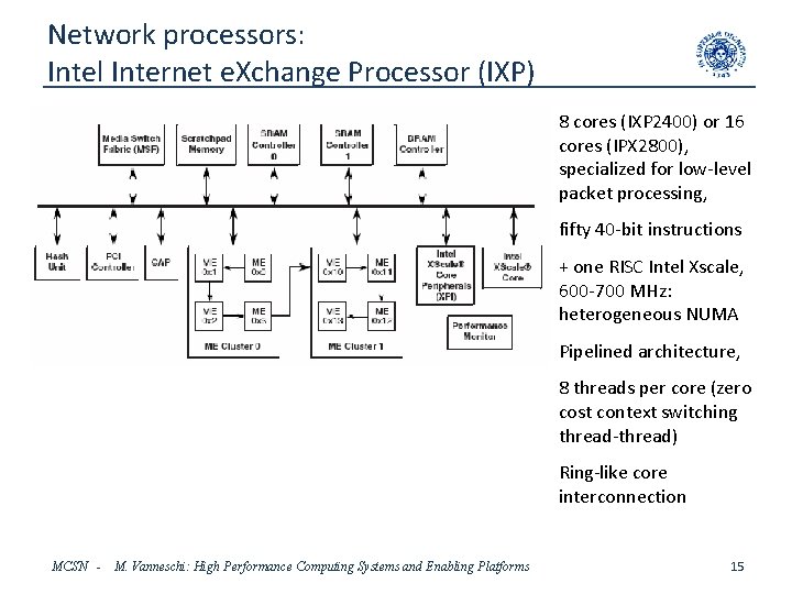 Network processors: Intel Internet e. Xchange Processor (IXP) 8 cores (IXP 2400) or 16