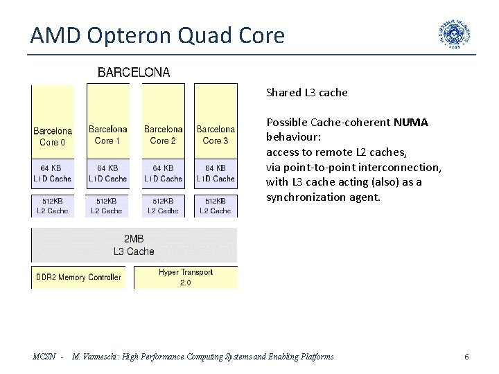 AMD Opteron Quad Core Shared L 3 cache Possible Cache-coherent NUMA behaviour: access to