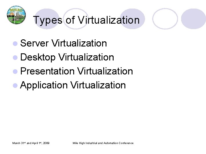 Types of Virtualization l Server Virtualization l Desktop Virtualization l Presentation Virtualization l Application Types of Virtualization l Server Virtualization l Desktop Virtualization l Presentation Virtualization l Application