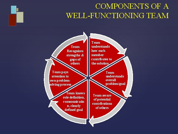 COMPONENTS OF A WELL-FUNCTIONING TEAM Team Recognizes strengths & gaps of others Team pays