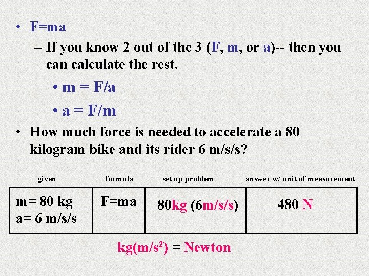  • F=ma – If you know 2 out of the 3 (F, m,