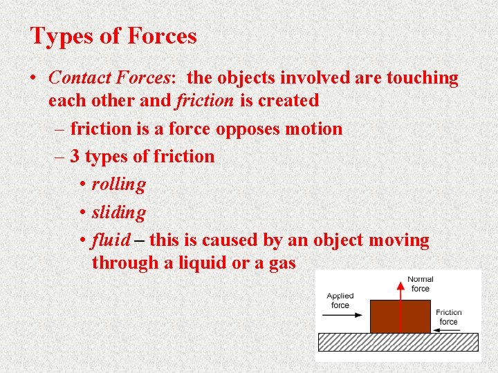 Types of Forces • Contact Forces: the objects involved are touching each other and