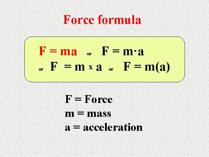 Force formula F = ma or F = m·a or F = m x