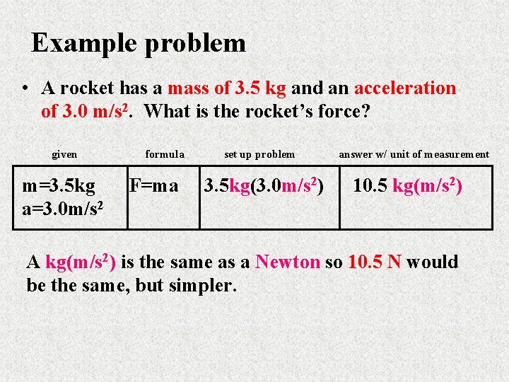 Example problem • A rocket has a mass of 3. 5 kg and an