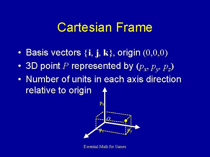 Cartesian Frame • Basis vectors {i, j, k}, origin (0, 0, 0) • 3