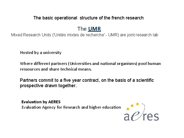 The basic operational structure of the french research The UMR Mixed Research Units ('Unités