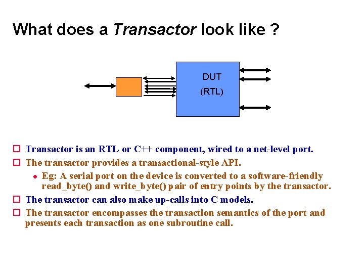 What does a Transactor look like ? DUT (RTL) Transactor is an RTL or What does a Transactor look like ? DUT (RTL) Transactor is an RTL or