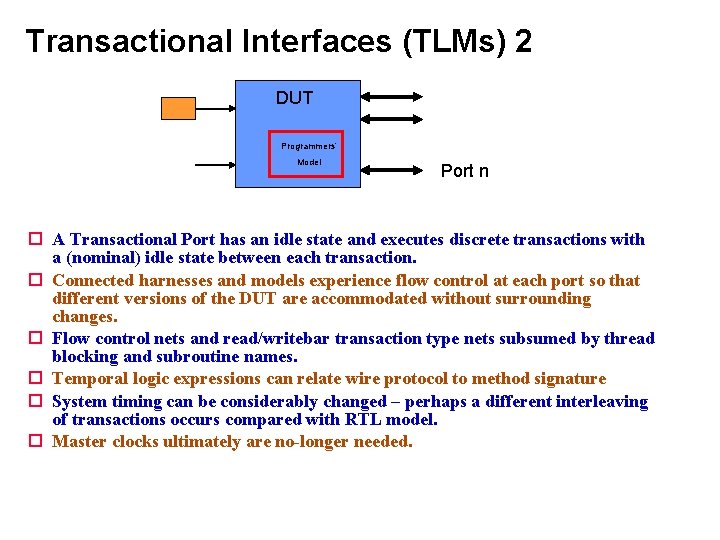 Transactional Interfaces (TLMs) 2 DUT Programmers’ Model Port n A Transactional Port has an Transactional Interfaces (TLMs) 2 DUT Programmers’ Model Port n A Transactional Port has an