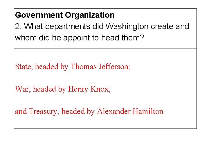 Government Organization 2. What departments did Washington create and whom did he appoint to