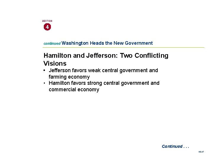 SECTION 4 continued Washington Heads the New Government Hamilton and Jefferson: Two Conflicting Visions