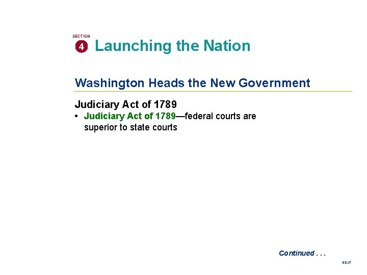 SECTION 4 Launching the Nation Washington Heads the New Government Judiciary Act of 1789