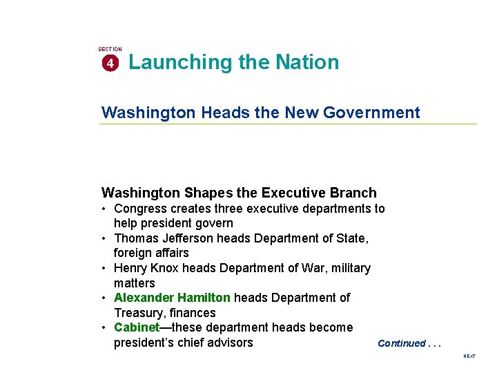 SECTION 4 Launching the Nation Washington Heads the New Government Washington Shapes the Executive