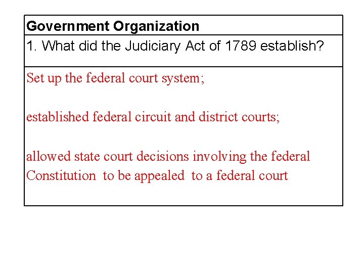 Government Organization 1. What did the Judiciary Act of 1789 establish? Set up the