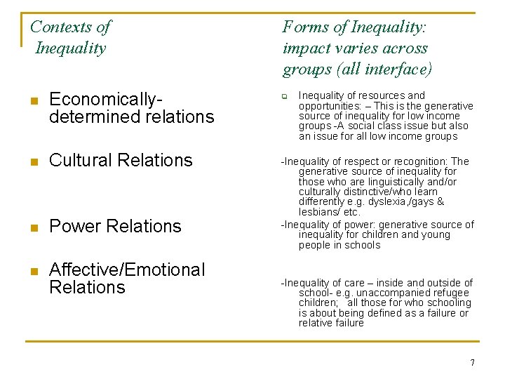 Contexts of Inequality n Economicallydetermined relations n Cultural Relations n Power Relations n Affective/Emotional