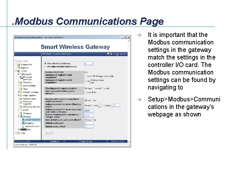 . Modbus Communications Page à It is important that the Modbus communication settings in