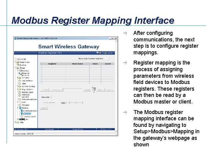 Modbus Register Mapping Interface à After configuring communications, the next step is to configure