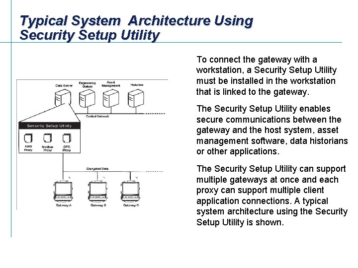 Typical System Architecture Using Security Setup Utility To connect the gateway with a workstation,