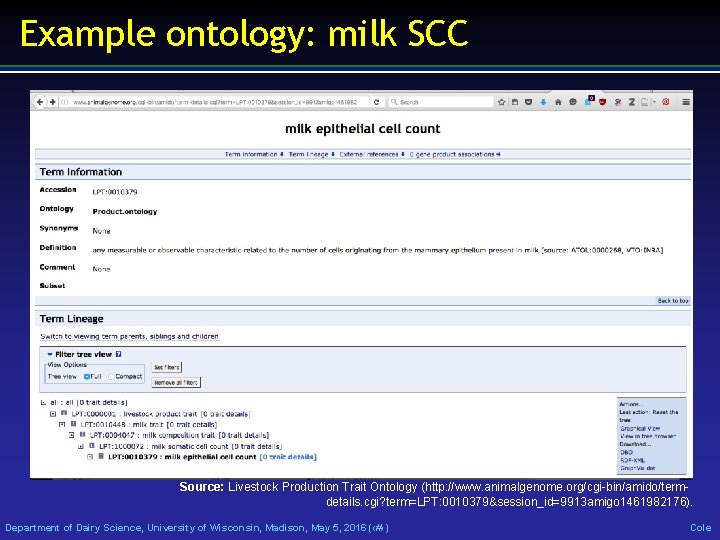 Example ontology: milk SCC Source: Livestock Production Trait Ontology (http: //www. animalgenome. org/cgi-bin/amido/termdetails. cgi?