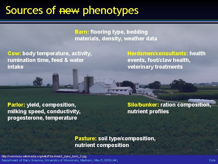 Sources of new phenotypes Barn: flooring type, bedding materials, density, weather data Cow: body