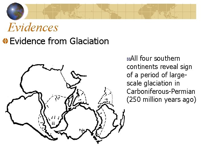 Evidences Evidence from Glaciation All four southern continents reveal sign of a period of