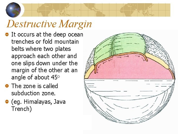 Destructive Margin It occurs at the deep ocean trenches or fold mountain belts where