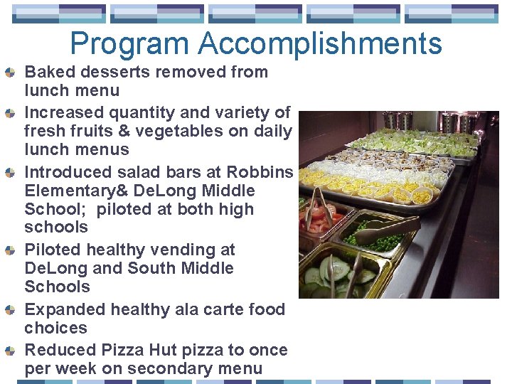Program Accomplishments Baked desserts removed from lunch menu Increased quantity and variety of fresh