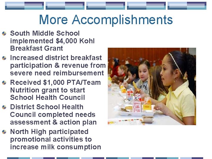 More Accomplishments South Middle School implemented $4, 000 Kohl Breakfast Grant Increased district breakfast