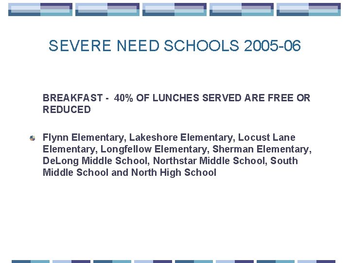 SEVERE NEED SCHOOLS 2005 -06 BREAKFAST - 40% OF LUNCHES SERVED ARE FREE OR