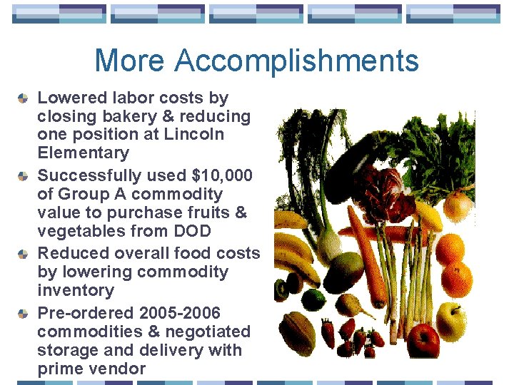 More Accomplishments Lowered labor costs by closing bakery & reducing one position at Lincoln