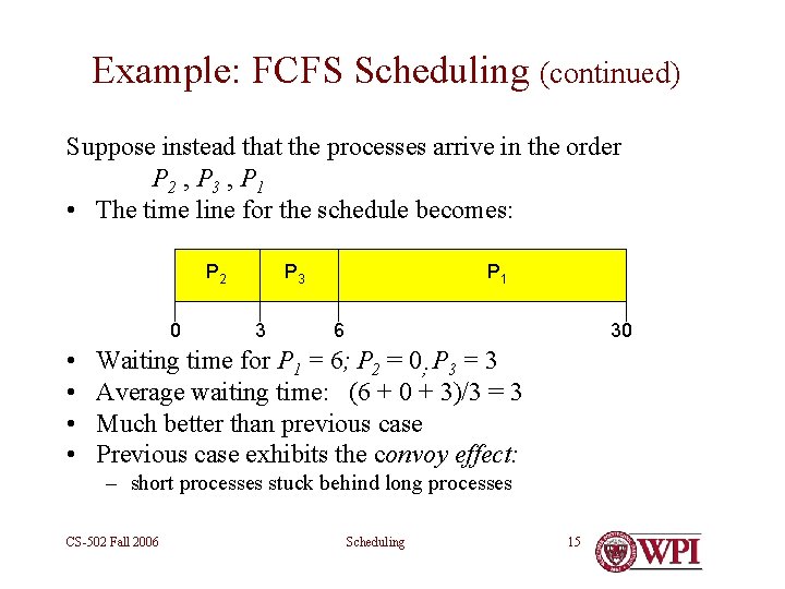 Example: FCFS Scheduling (continued) Suppose instead that the processes arrive in the order P