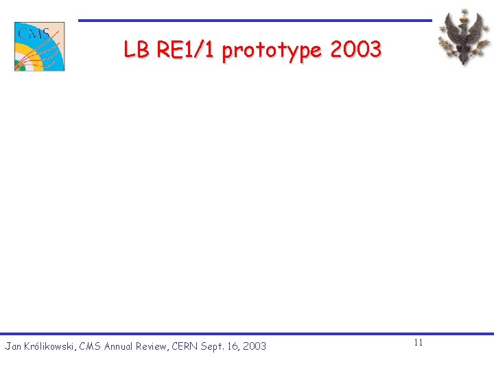 LB RE 1/1 prototype 2003 Jan Królikowski, CMS Annual Review, CERN Sept. 16, 2003 LB RE 1/1 prototype 2003 Jan Królikowski, CMS Annual Review, CERN Sept. 16, 2003