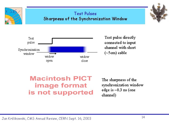 Test Pulses Sharpness of the Synchronization Window Test pulse directly connected to input channel Test Pulses Sharpness of the Synchronization Window Test pulse directly connected to input channel