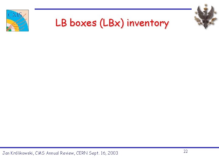 LB boxes (LBx) inventory Jan Królikowski, CMS Annual Review, CERN Sept. 16, 2003 22 LB boxes (LBx) inventory Jan Królikowski, CMS Annual Review, CERN Sept. 16, 2003 22