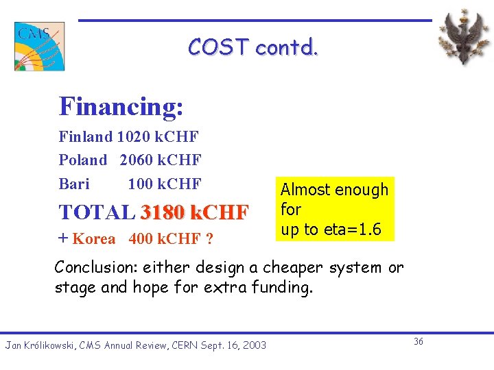 COST contd. Financing: Finland 1020 k. CHF Poland 2060 k. CHF Bari 100 k. COST contd. Financing: Finland 1020 k. CHF Poland 2060 k. CHF Bari 100 k.
