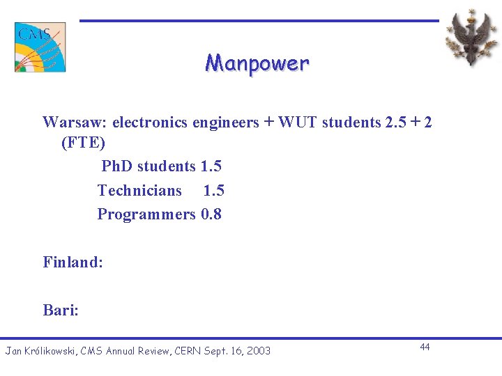 Manpower Warsaw: electronics engineers + WUT students 2. 5 + 2 (FTE) Ph. D Manpower Warsaw: electronics engineers + WUT students 2. 5 + 2 (FTE) Ph. D
