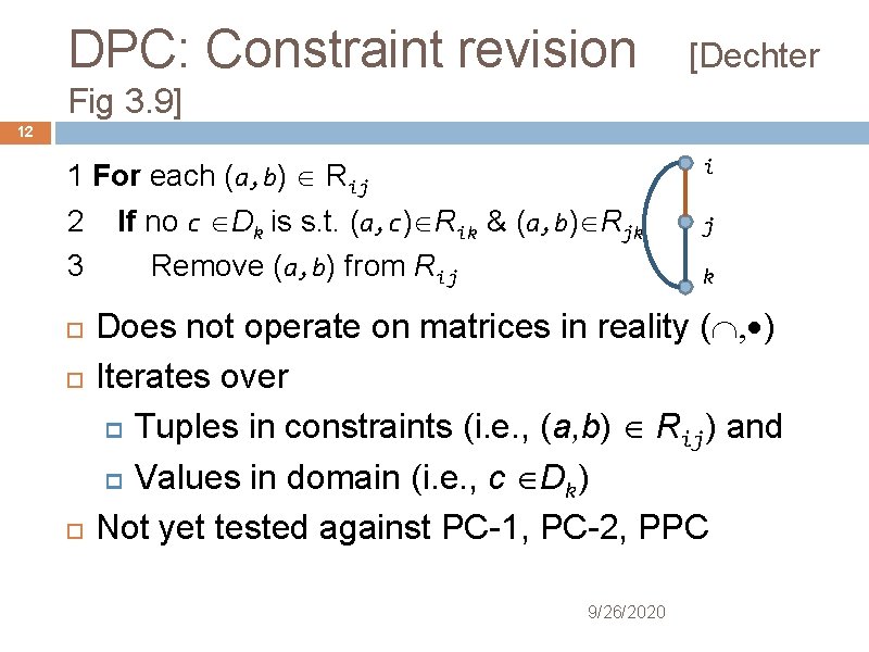 DPC: Constraint revision [Dechter Fig 3. 9] 12 1 For each (a, b) Rij