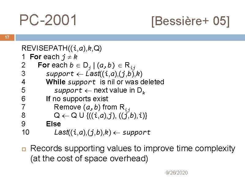PC-2001 [Bessière+ 05] 17 REVISEPATH((i, a), k, Q) 1 For each j k 2