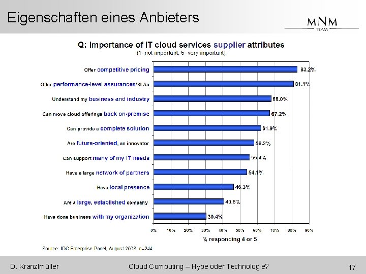 Eigenschaften eines Anbieters D. Kranzlmüller Cloud Computing – Hype oder Technologie? 17 