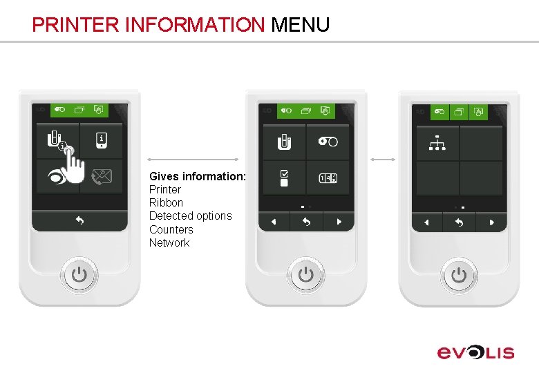 PRINTER INFORMATION MENU Gives information: Printer Ribbon Detected options Counters Network 