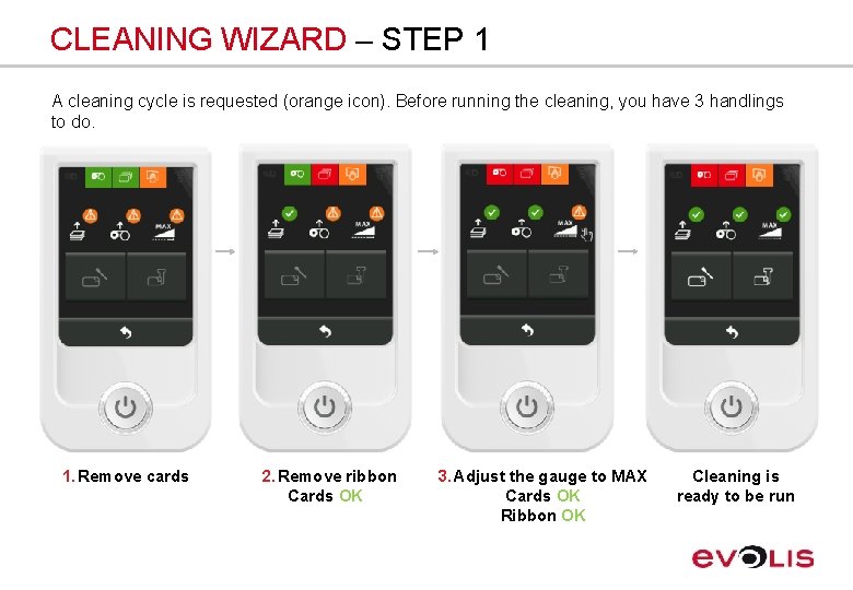 CLEANING WIZARD – STEP 1 A cleaning cycle is requested (orange icon). Before running