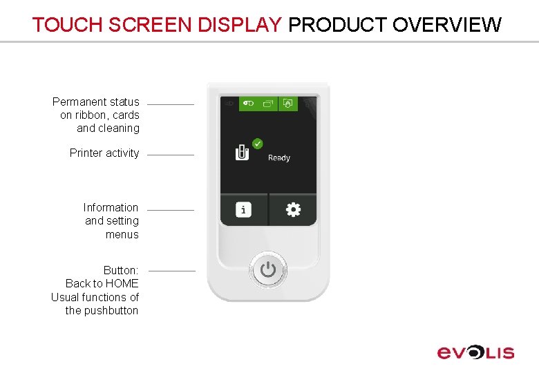 TOUCH SCREEN DISPLAY PRODUCT OVERVIEW Permanent status on ribbon, cards and cleaning Printer activity