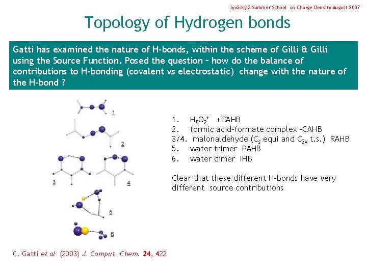 Jyväskylä Summer School on Charge Density August 2007 Topology of Hydrogen bonds Gatti has