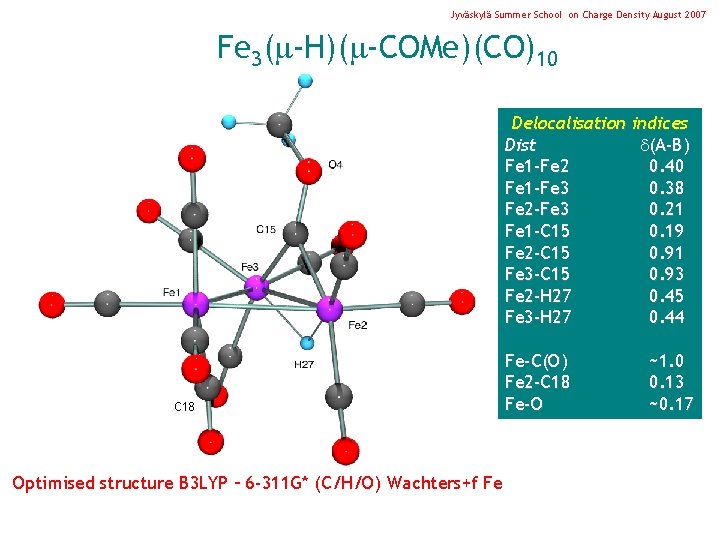 Jyväskylä Summer School on Charge Density August 2007 Fe 3( -H)( -COMe)(CO)10 Delocalisation indices