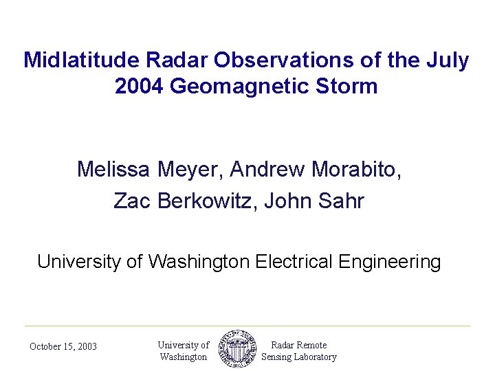 Midlatitude Radar Observations of the July 2004 Geomagnetic Storm Melissa Meyer, Andrew Morabito, Zac
